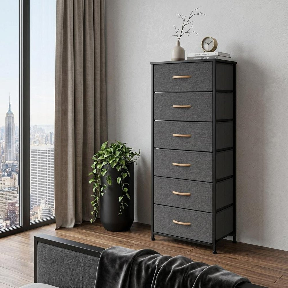 Set of Six 18 Black and Gray Fabric and Steel Six Drawer Dresser