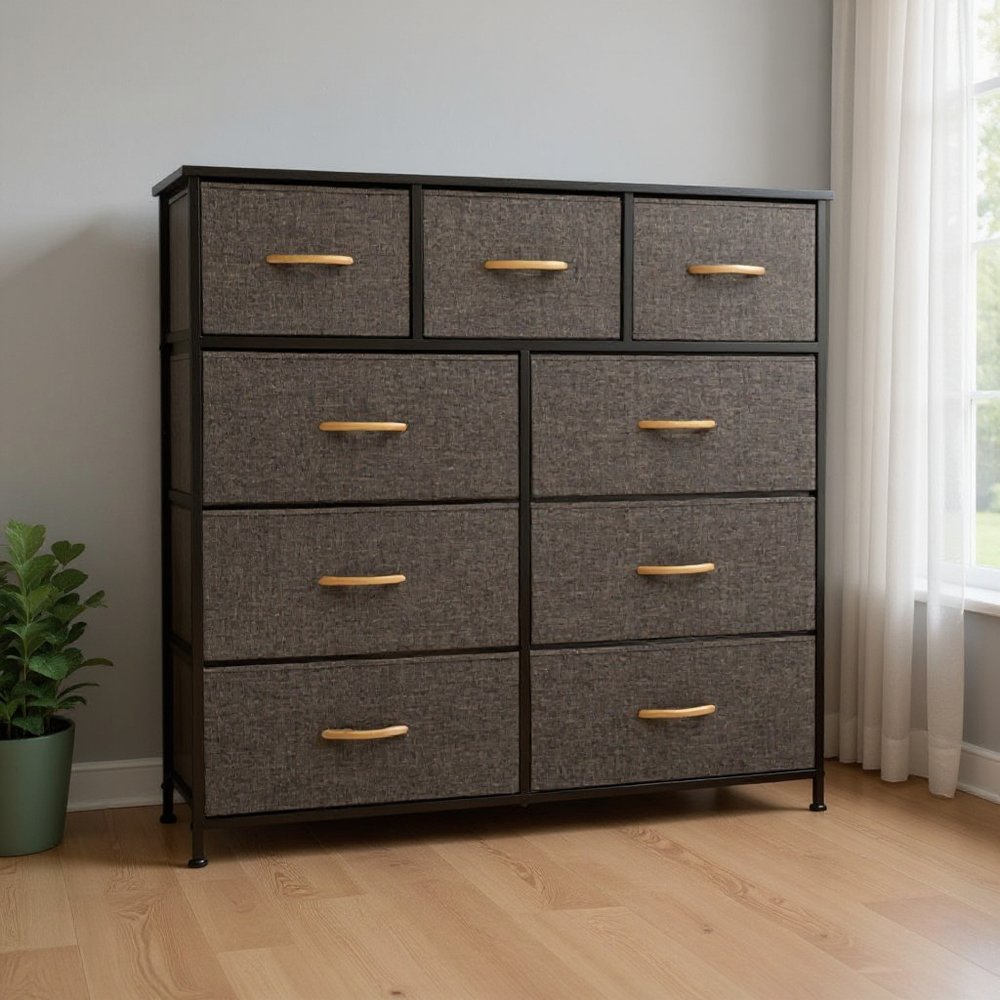 Brown Steel and Fabric Nine Drawer Triple Dresser - 39-inch