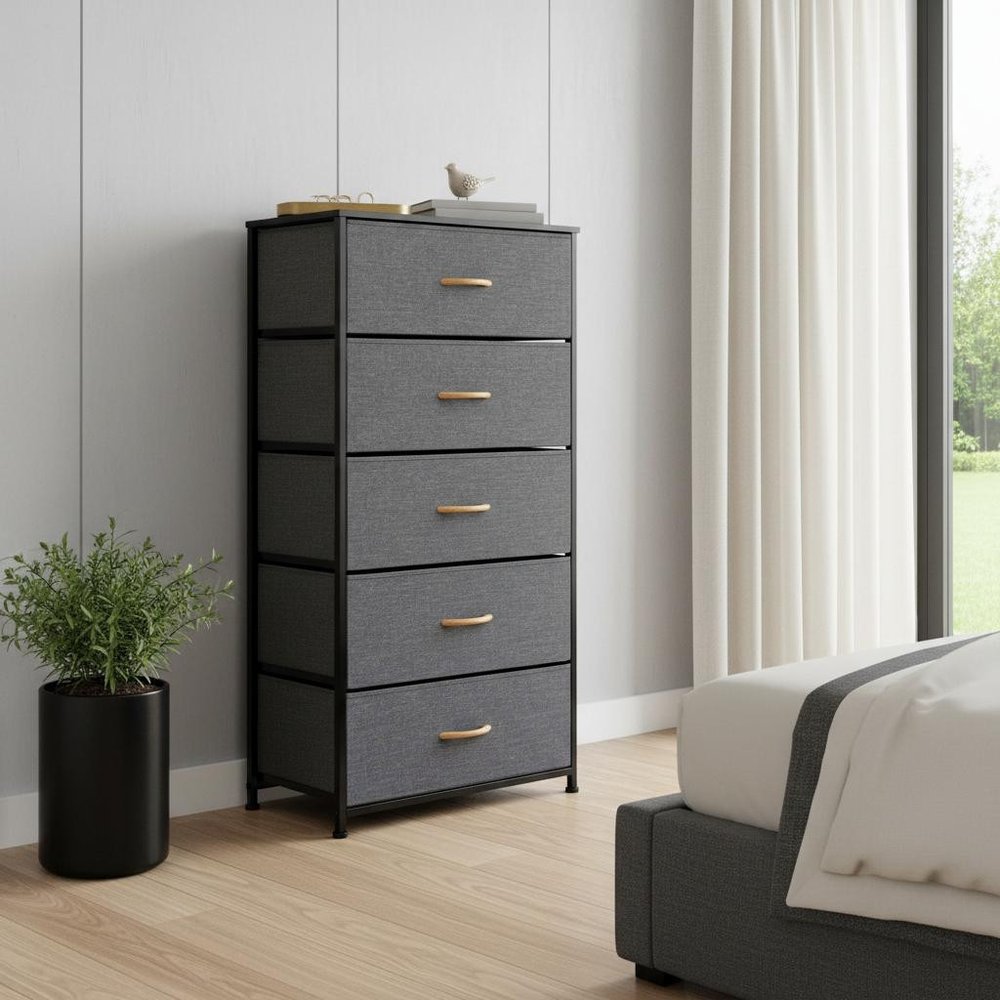 Gray and Black Steel and Fabric Five Drawer Chest - 23-inch