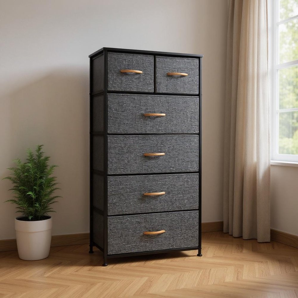 Gray and Black Steel and Fabric Six Drawer Chest - 23-inch