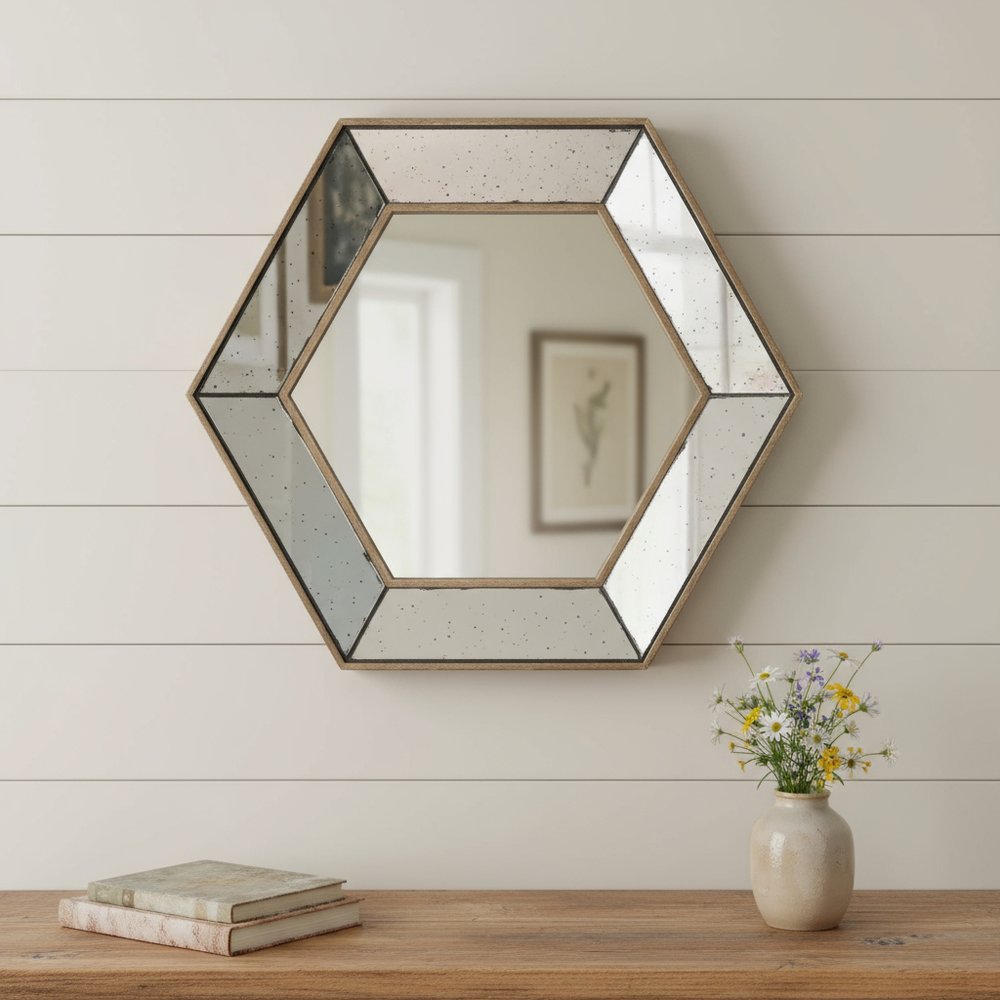Hexagon Wall Mounted Vintage Style Glass Frame Accent Mirror - 18-inch
