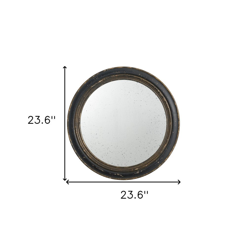 Dark Brown Distressed Wood Round Framed Accent Mirror - 24-inch