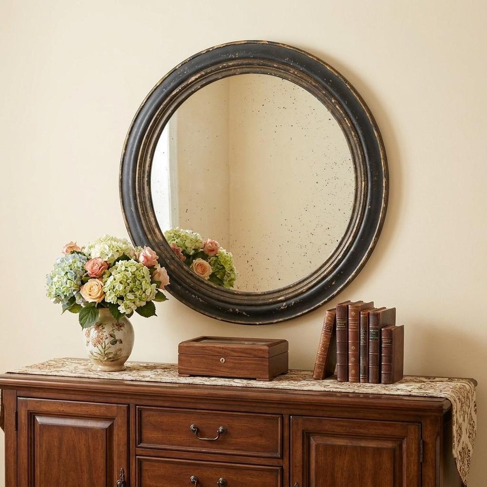 Dark Brown Distressed Wood Round Framed Accent Mirror - 24-inch