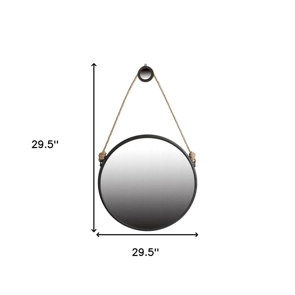 Black Fame Round Wall Hanging Accent Mirror with Rope - 30-inch