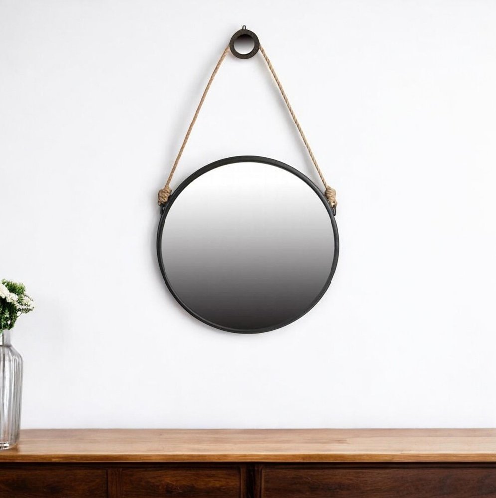Black Fame Round Wall Hanging Accent Mirror with Rope - 30-inch