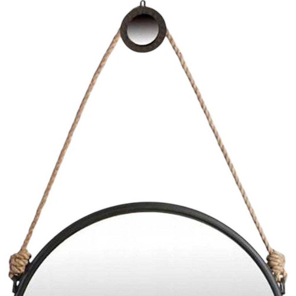 Black Fame Round Wall Hanging Accent Mirror with Rope - 30-inch