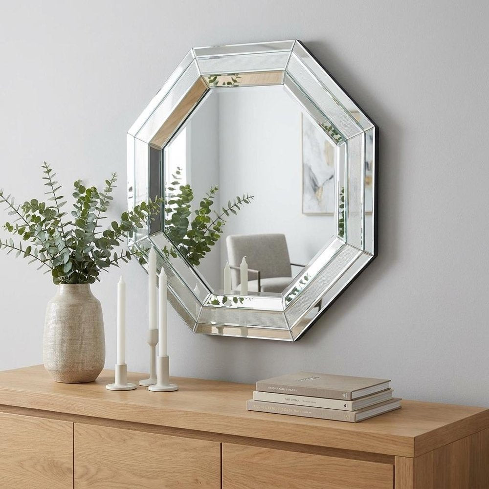 Silver Octagon Glass Framed Accent Mirror - 28-inch