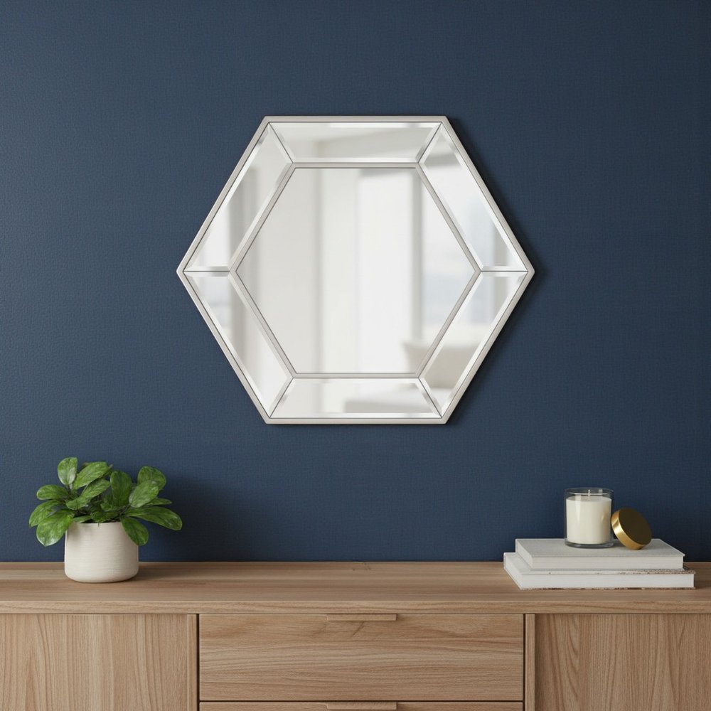 Silver Hexagon Glass Framed Accent Mirror - 18-inch