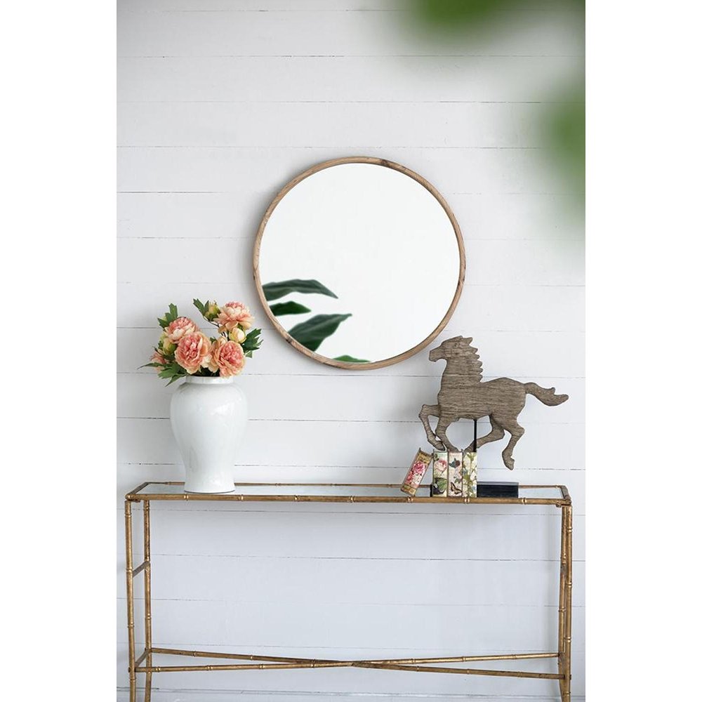 Brown Solid Wood Round Framed Accent Mirror - 28-inch