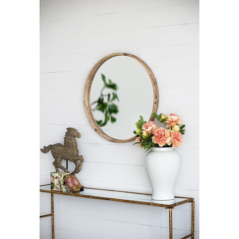 Brown Solid Wood Round Framed Accent Mirror - 28-inch