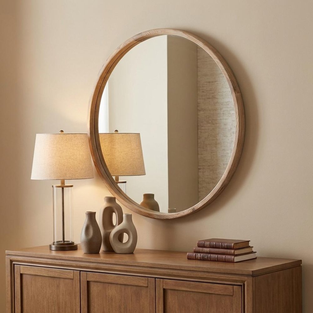 Brown Solid Wood Round Framed Accent Mirror - 28-inch