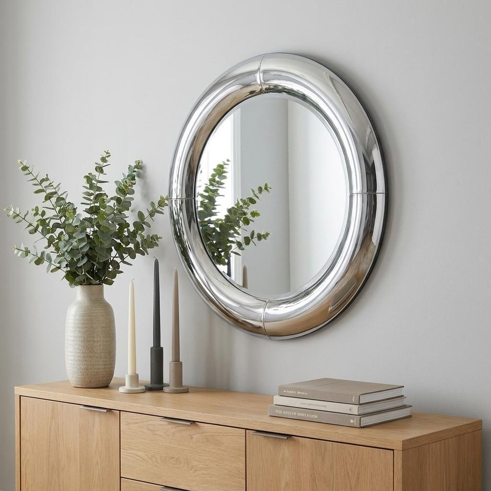 Silver Round Curved Frame Accent Mirror - 32-inch