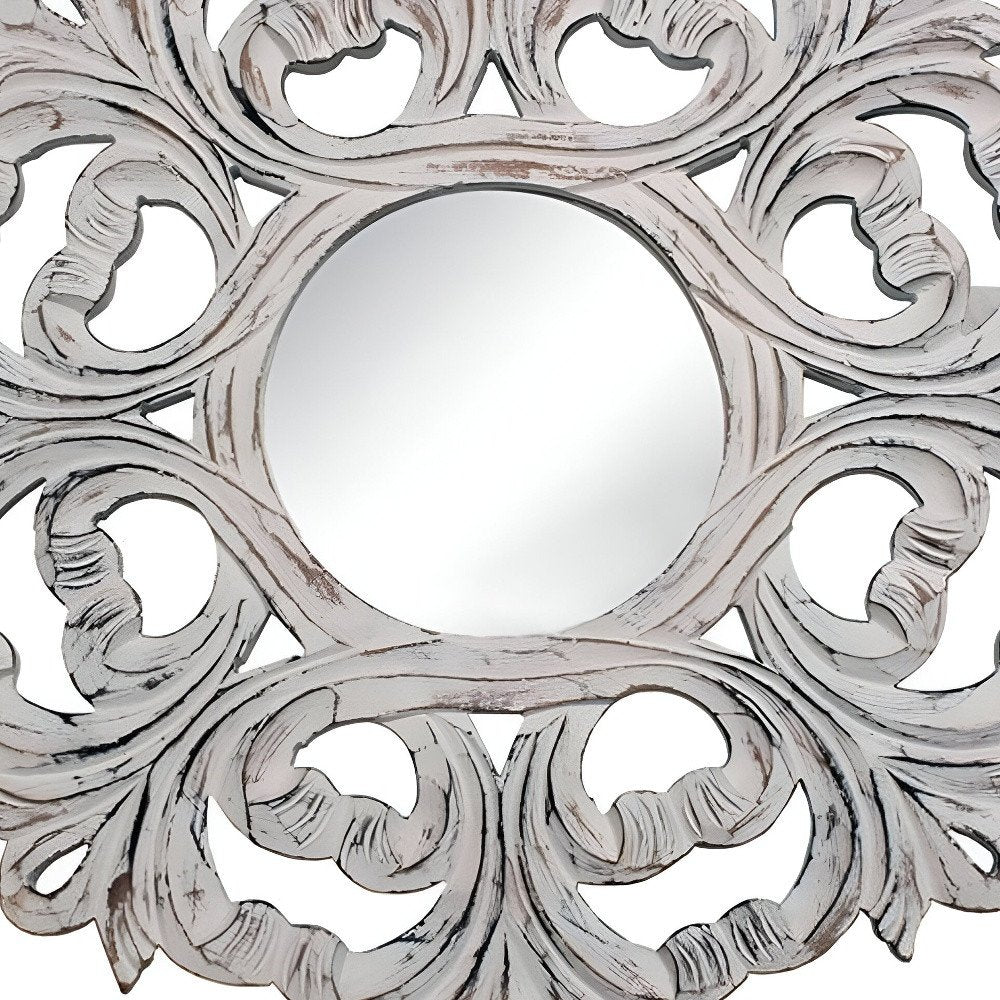 White Floral Scrollwork Distressed Round Framed Accent Mirror - 24-inch