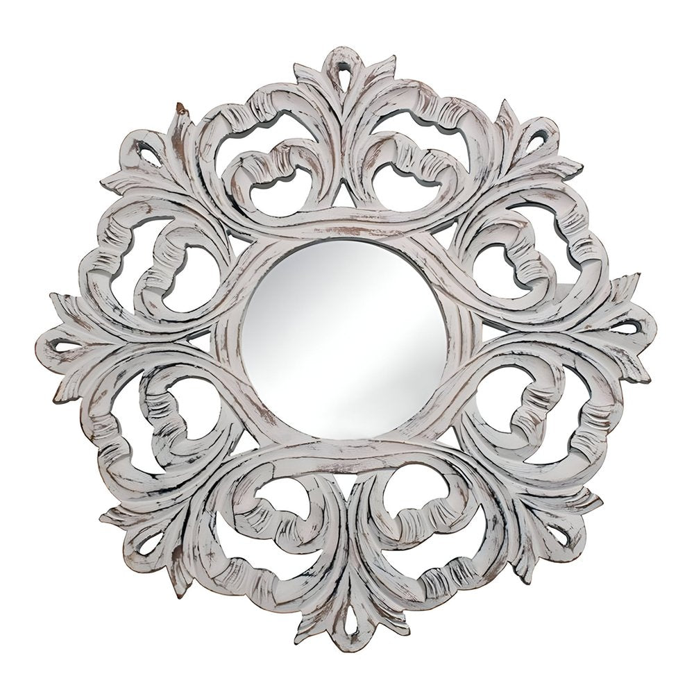 White Floral Scrollwork Distressed Round Framed Accent Mirror - 24-inch