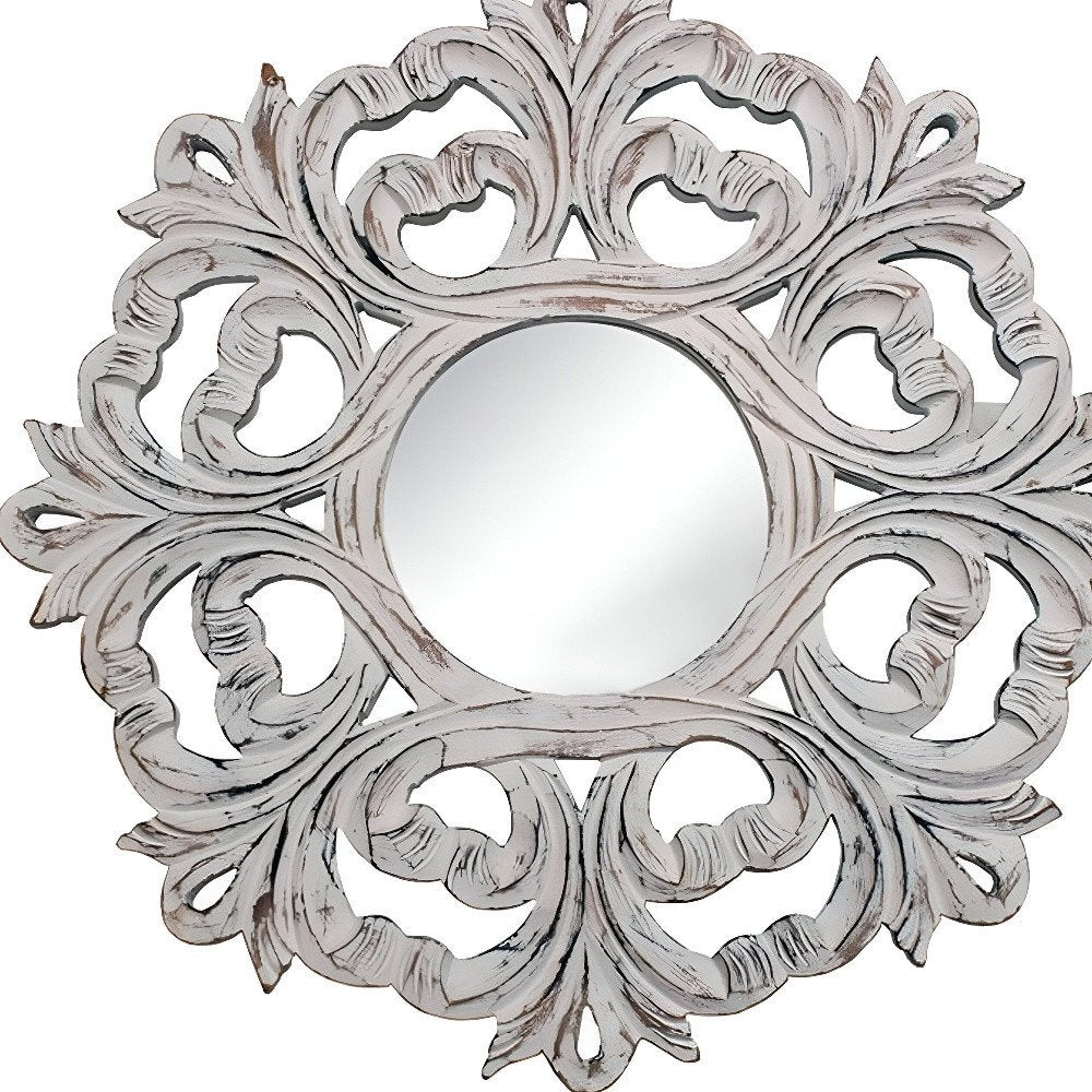 White Floral Scrollwork Distressed Round Framed Accent Mirror - 24-inch