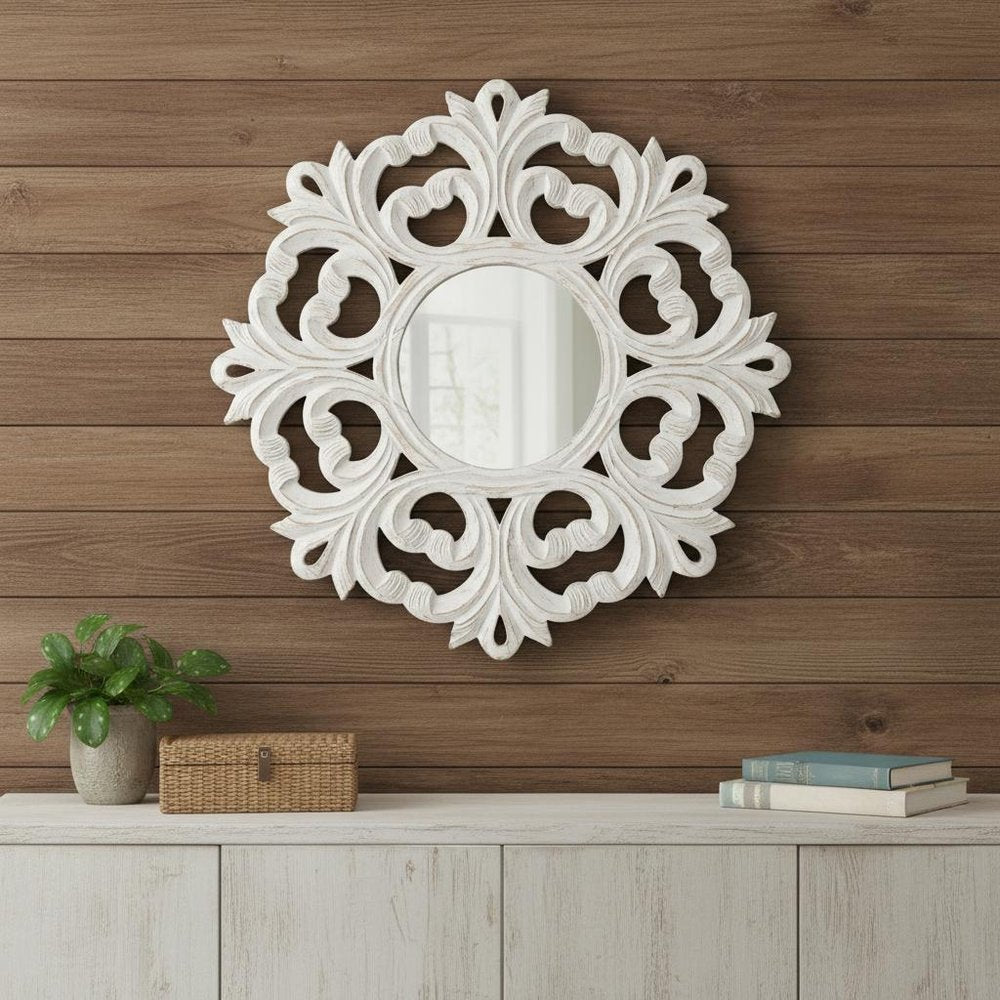 White Floral Scrollwork Distressed Round Framed Accent Mirror - 24-inch