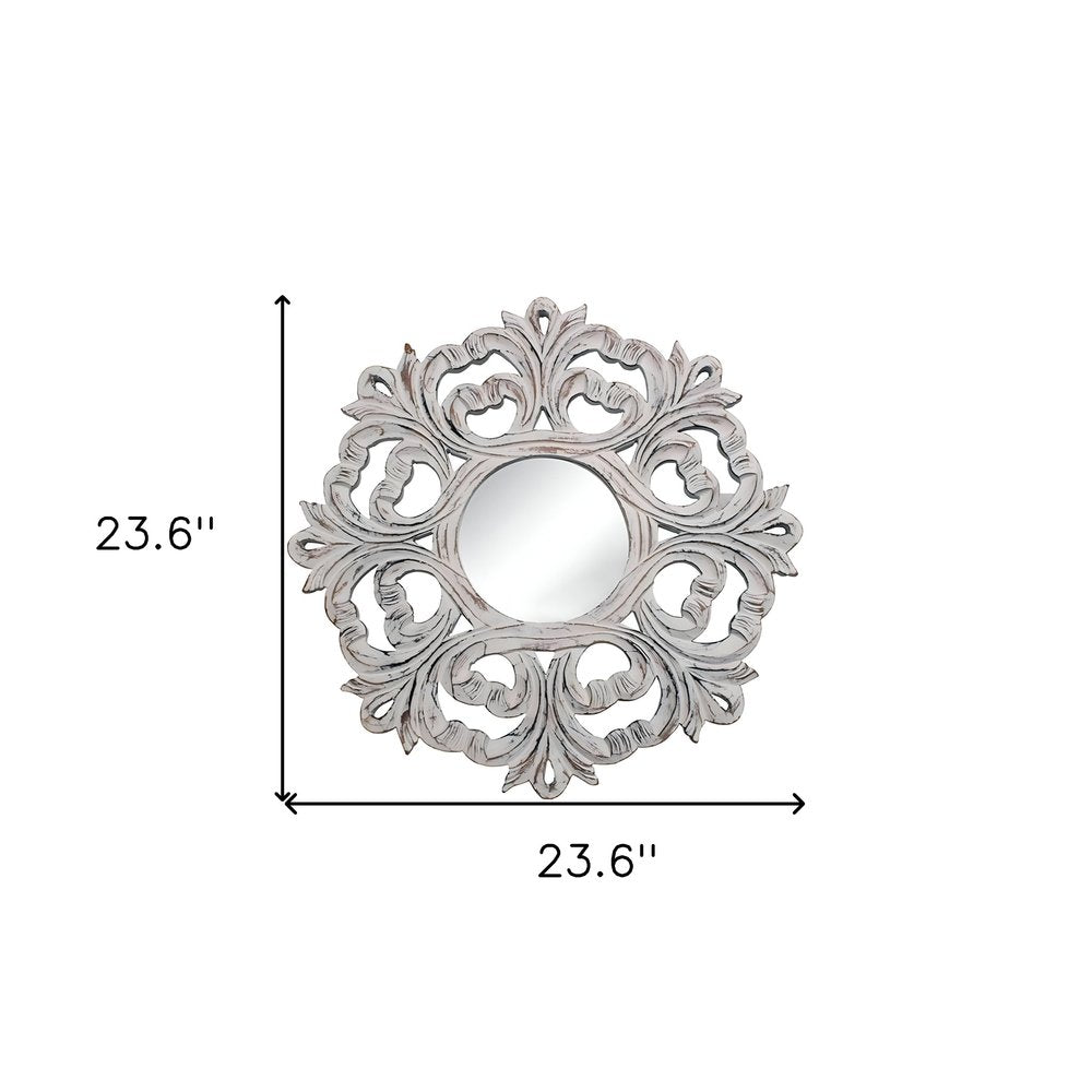 White Floral Scrollwork Distressed Round Framed Accent Mirror - 24-inch