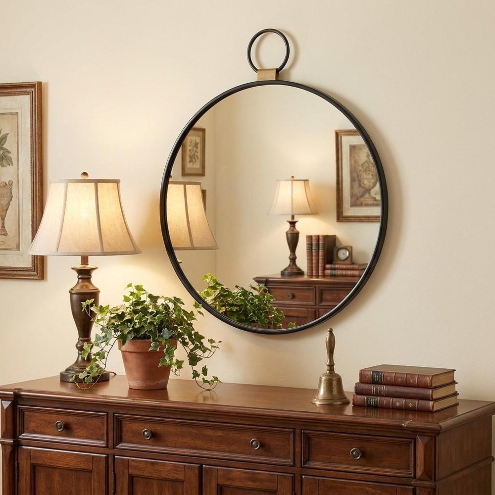 Black Round Metal Framed Accent Mirror - 23-inch