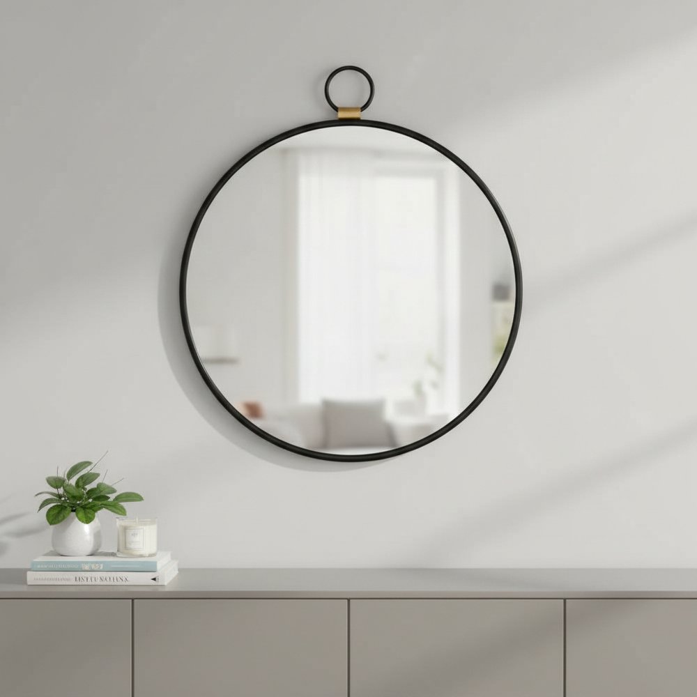 Black Round Iron Framed Accent Mirror - 28-inch