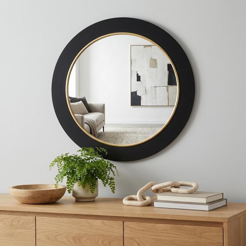 Black and Gold Lighted Round Metal Framed Accent Mirror - 32-inch