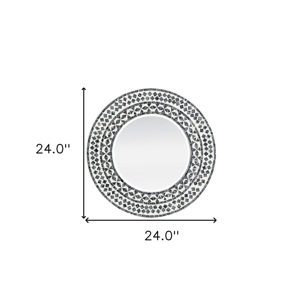 Black and White Round Wood and Shell Framed Accent Mirror - 24-inch