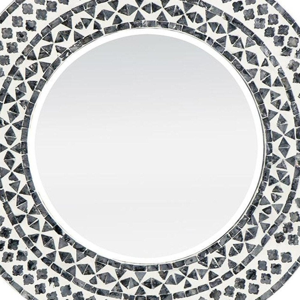 Black and White Round Wood and Shell Framed Accent Mirror - 24-inch