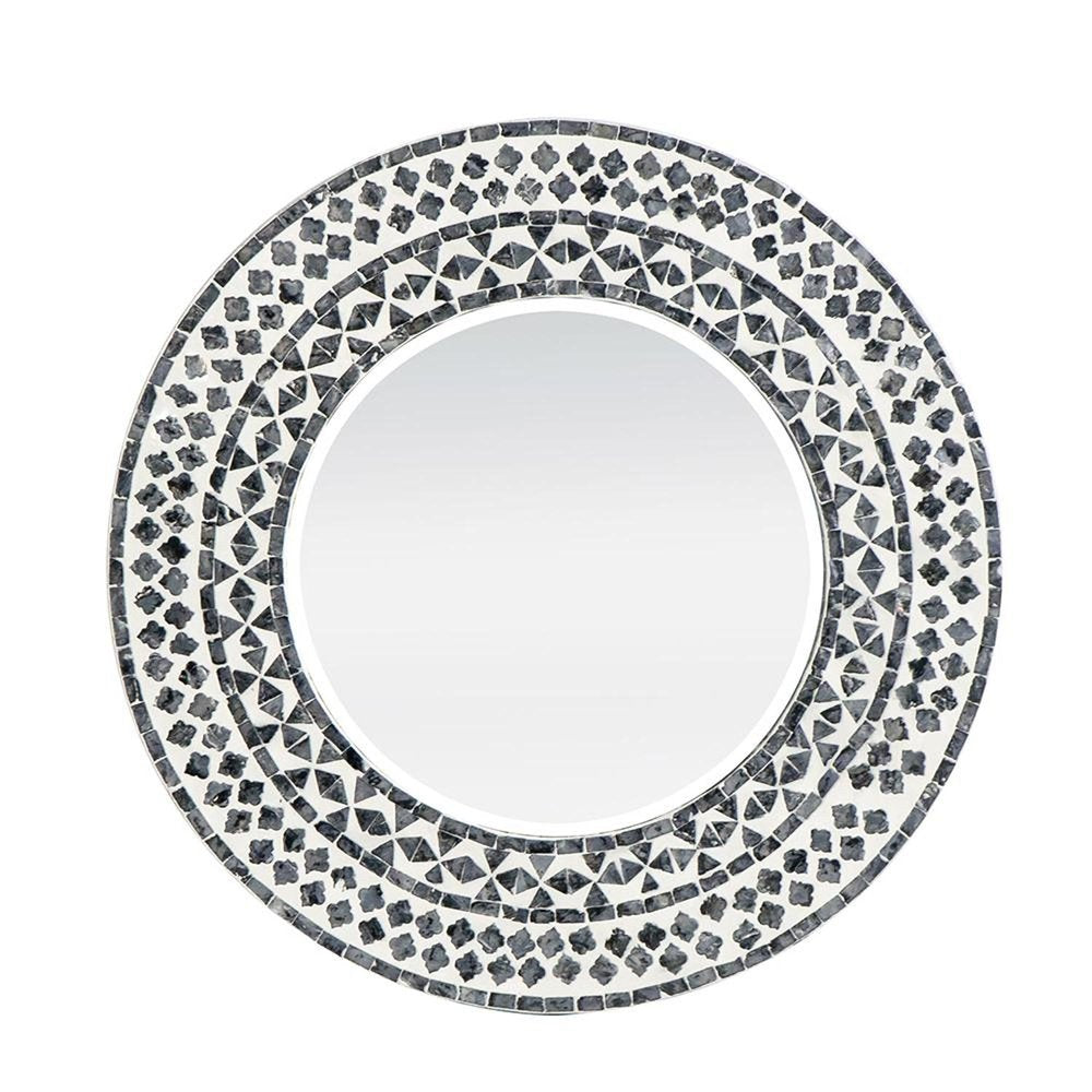 Black and White Round Wood and Shell Framed Accent Mirror - 24-inch