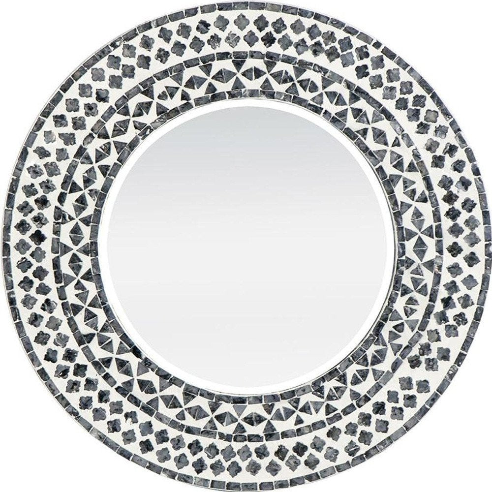 Black and White Round Wood and Shell Framed Accent Mirror - 24-inch