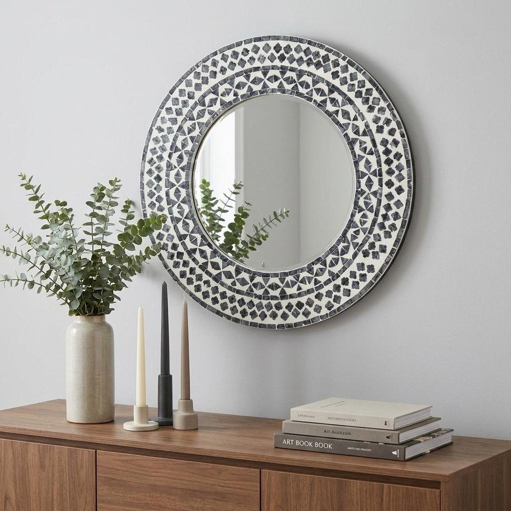 Black and White Round Wood and Shell Framed Accent Mirror - 24-inch