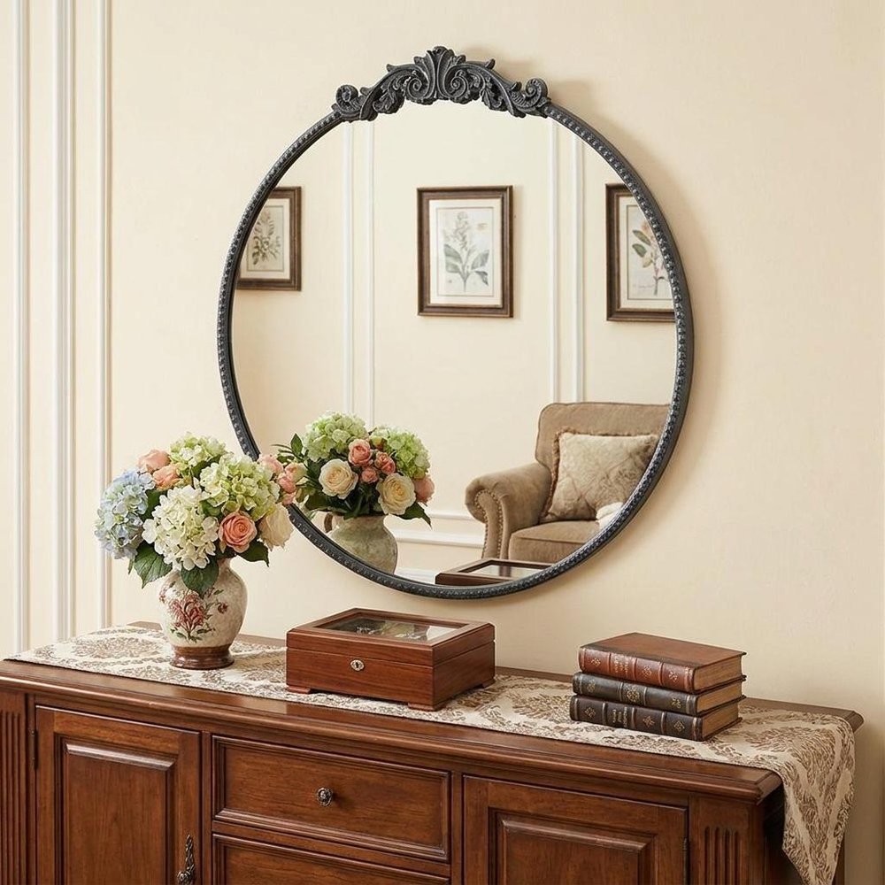 Black Crowned Top Iron Framed Accent Mirror - 32-inch
