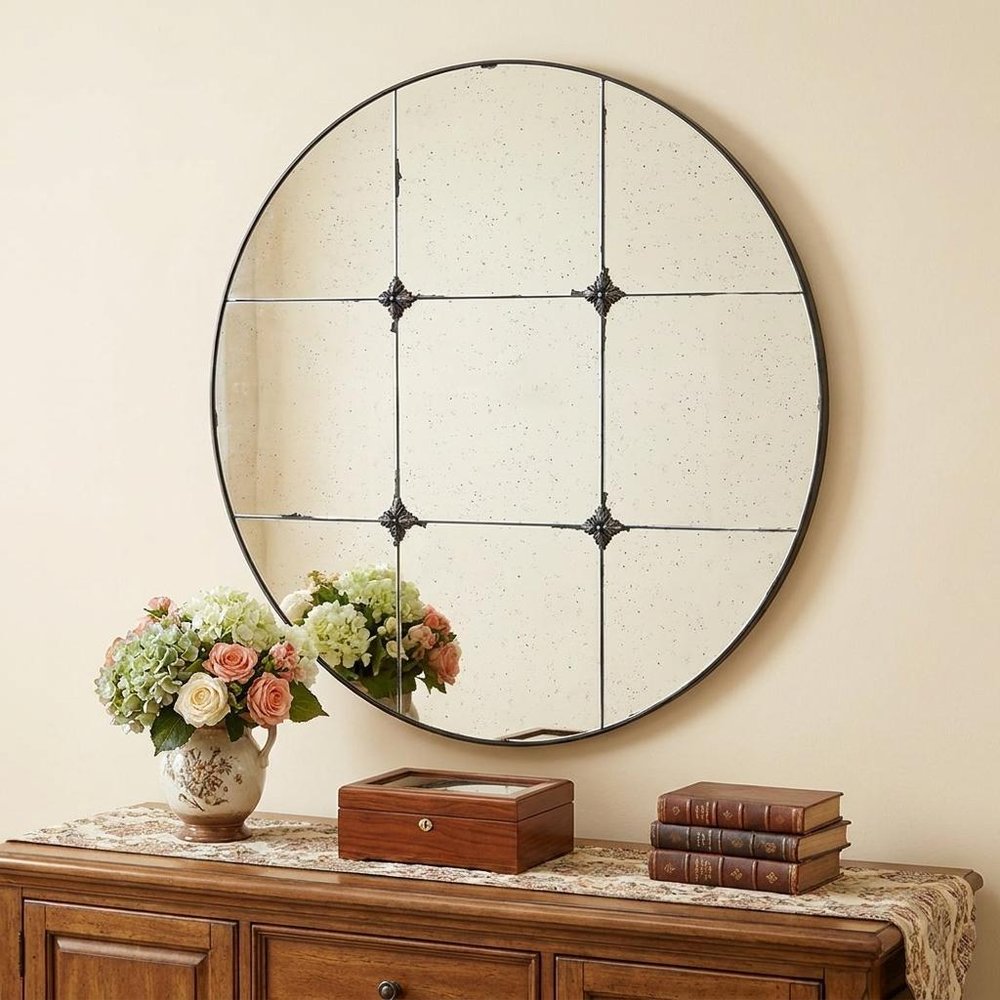 Black Round Iron Framed Antiqued Glass Accent Mirror - 36-inch