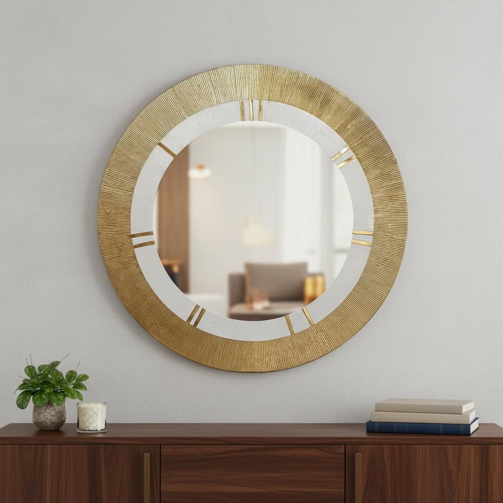 Gold and White Round Aluminum Ribbed Edge Framed Accent Mirror - 36-inch