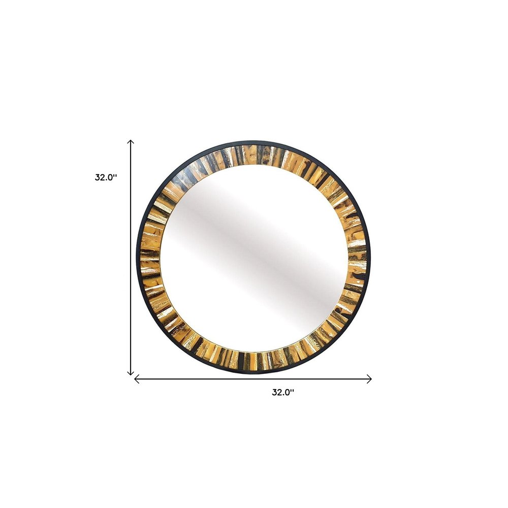 Brown and Black Faux Stone Round Framed Accent Mirror - 32-inch