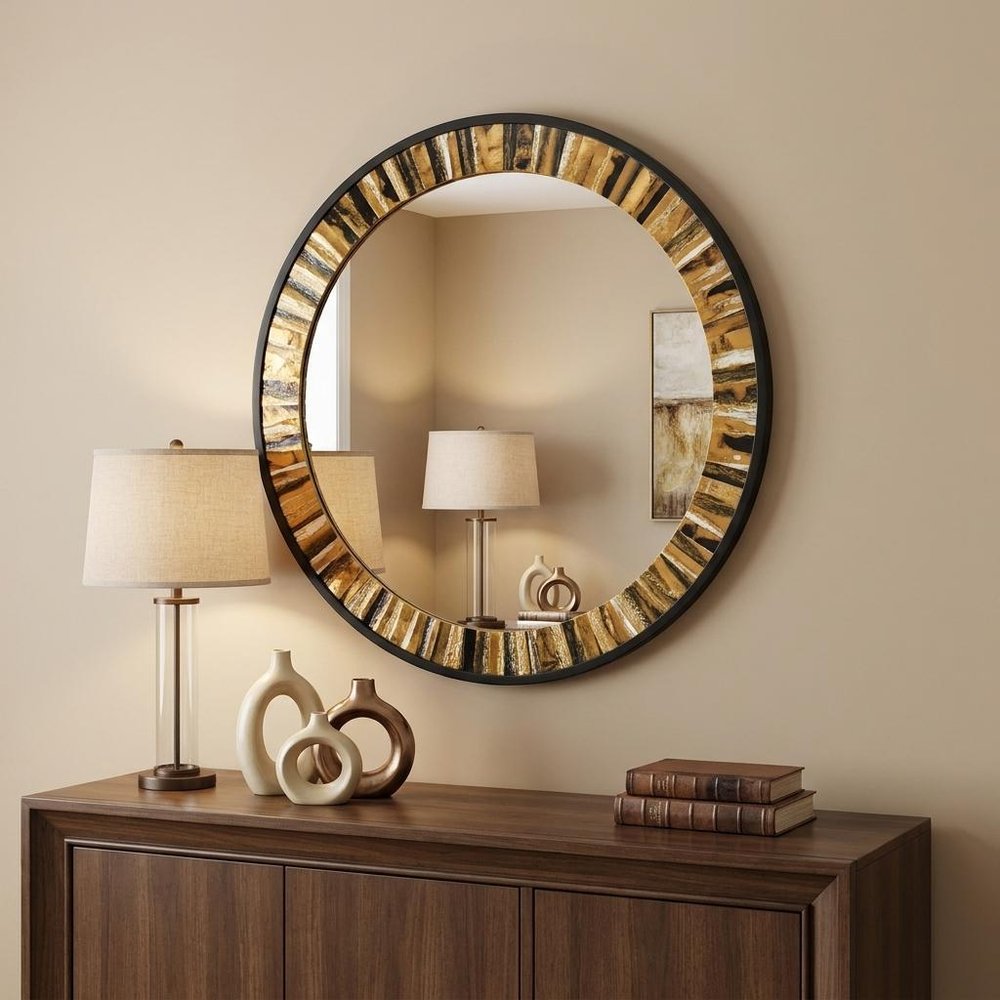 Brown and Black Faux Stone Round Framed Accent Mirror - 32-inch
