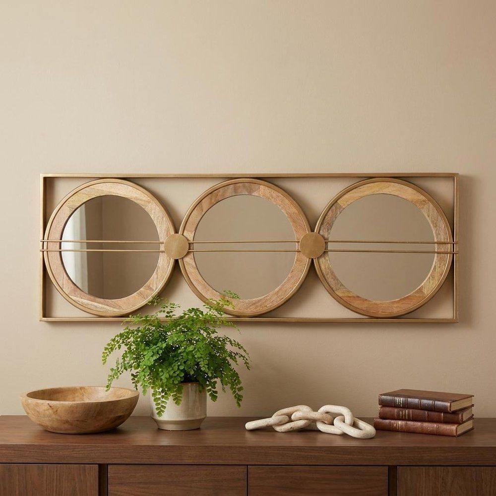 Brown and Gold Aluminum and Wood Geometric Framed Accent Mirror - 14-inch