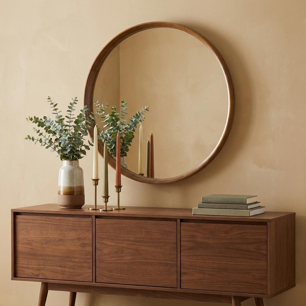 Brown Round Wood Framed Accent Mirror - 32-inch
