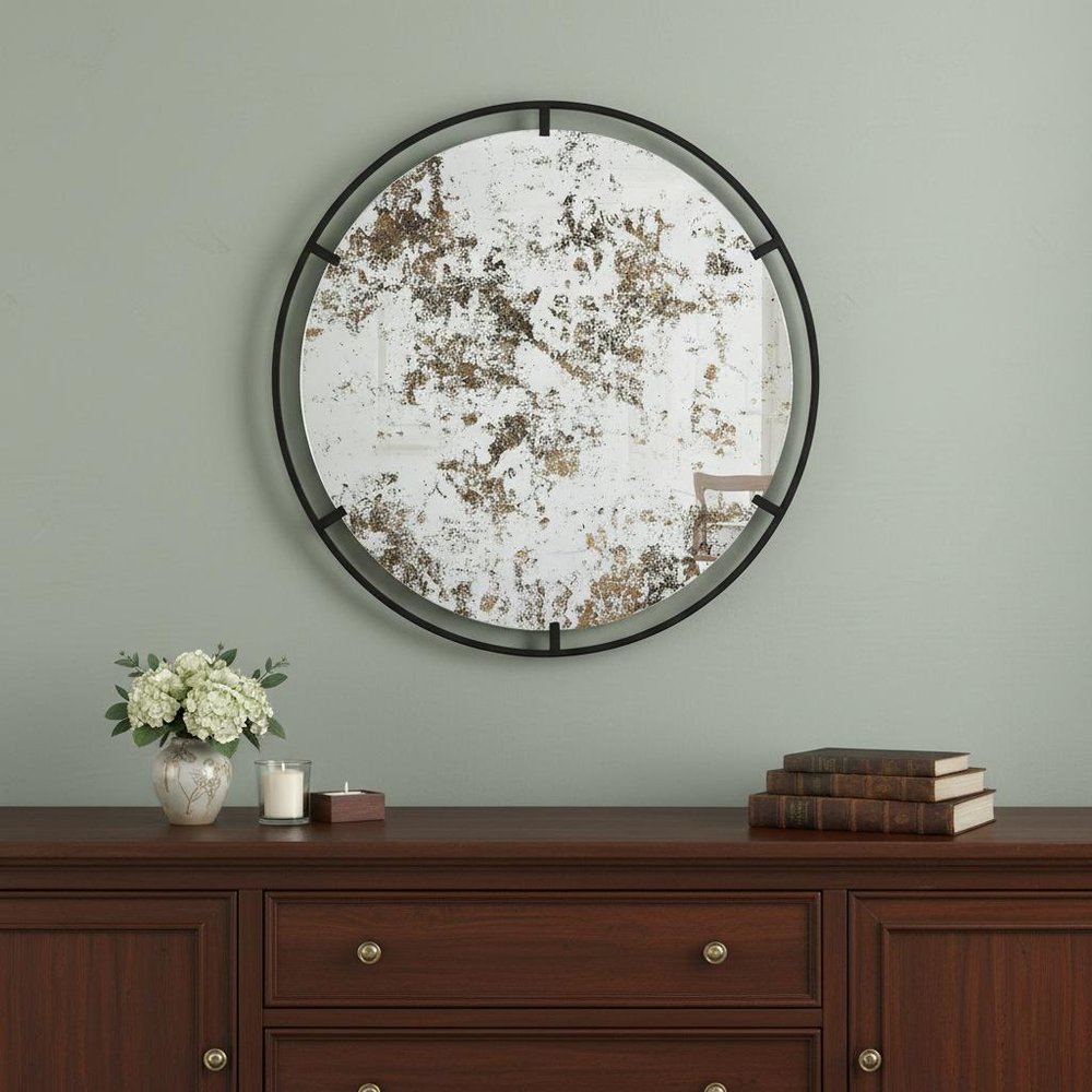 Black Round Iron Framed Accent Mirror - 32-inch