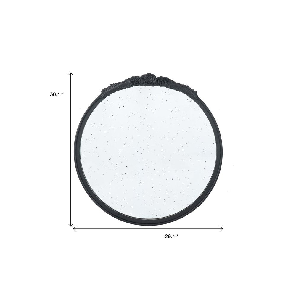 Black Crowned Top Antiqued Glass Round Framed Accent Mirror - 30-inch