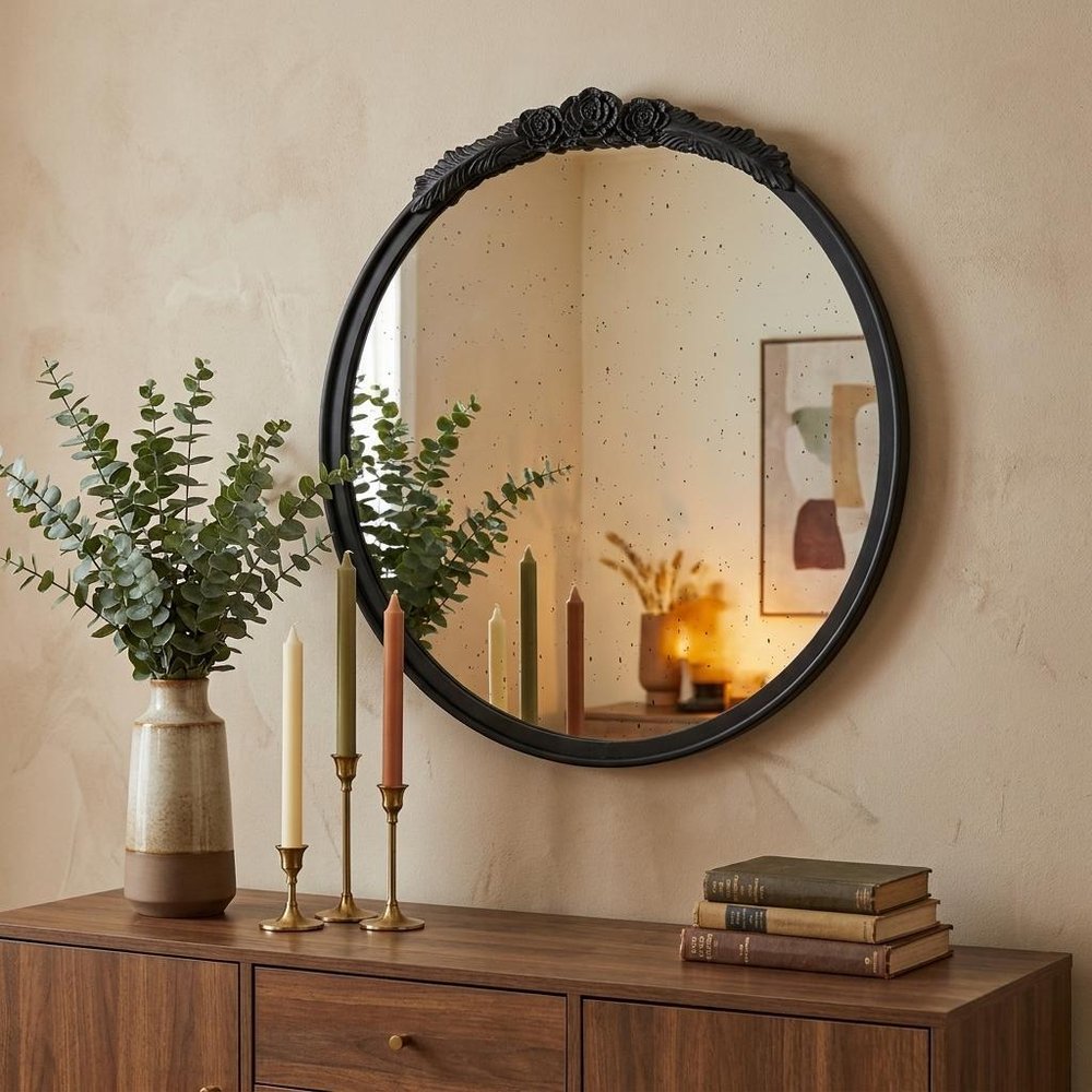 Black Crowned Top Antiqued Glass Round Framed Accent Mirror - 30-inch