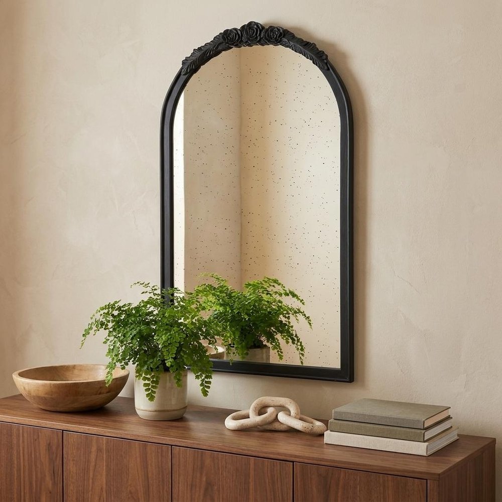 Black Crowned Top Antiqued Glass Arch Framed Accent Mirror - 42-inch