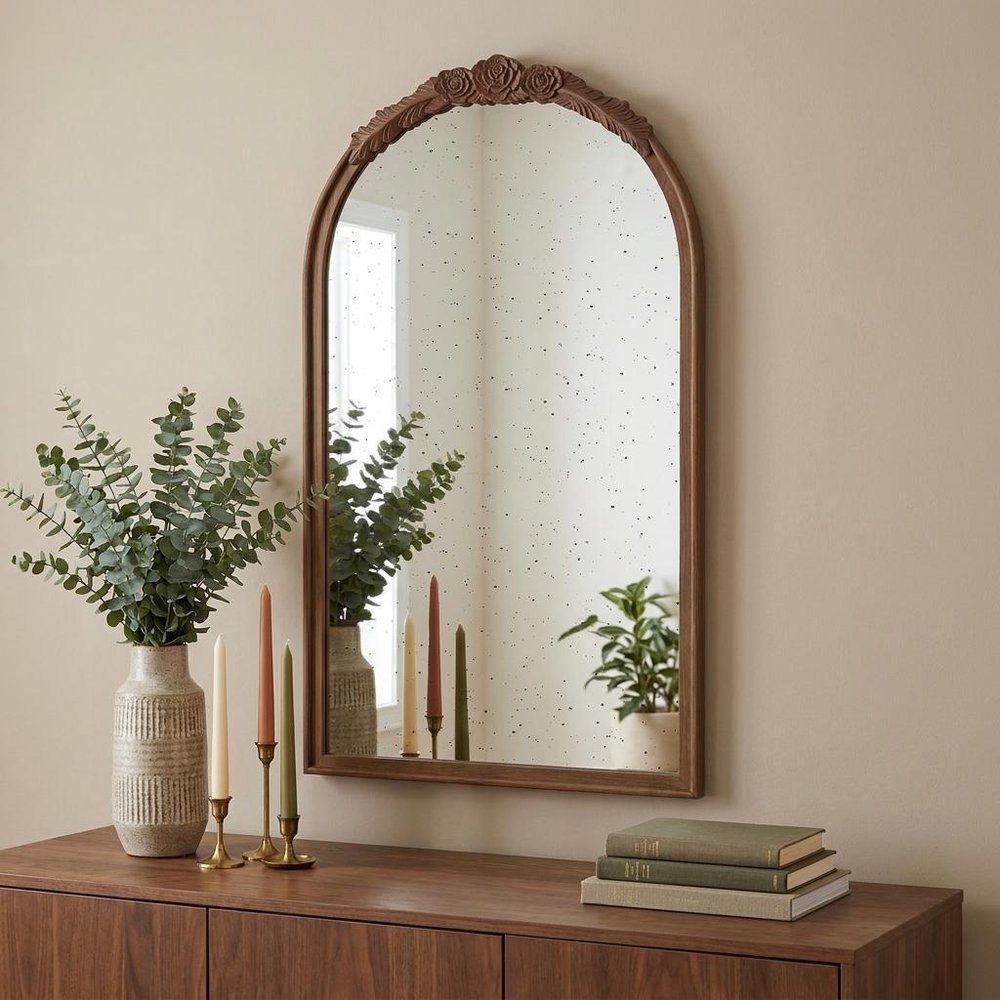 Brown Crowned Top Antiqued Glass Arch Framed Accent Mirror - 42-inch