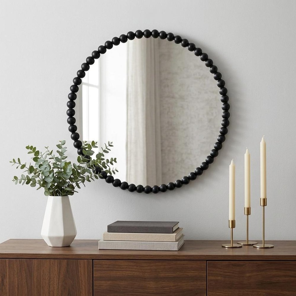 Black Iron Beaded Round Framed Accent Mirror - 32-inch
