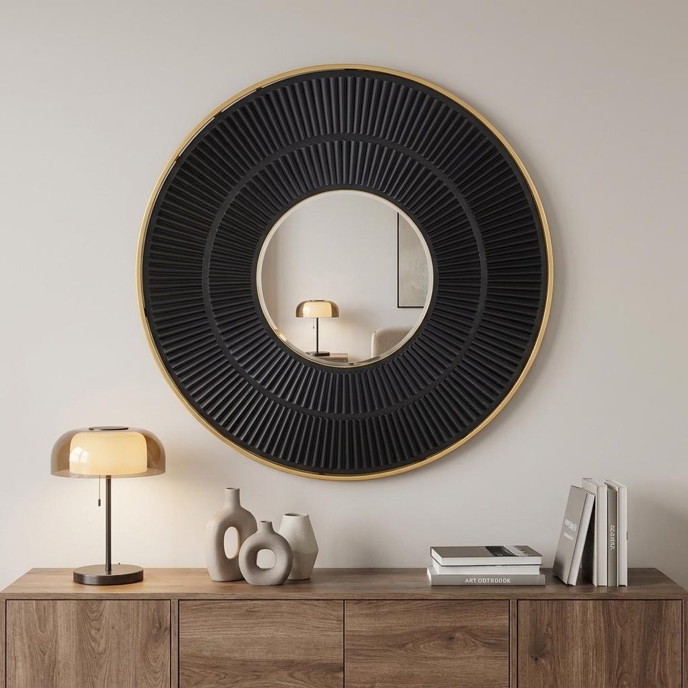 Black and Gold Round Wood and Metal Framed Accent Mirror - 32-inch