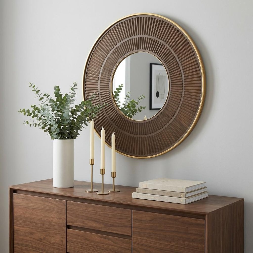 Brown and Gold Round Wood and Metal Framed Accent Mirror - 32-inch