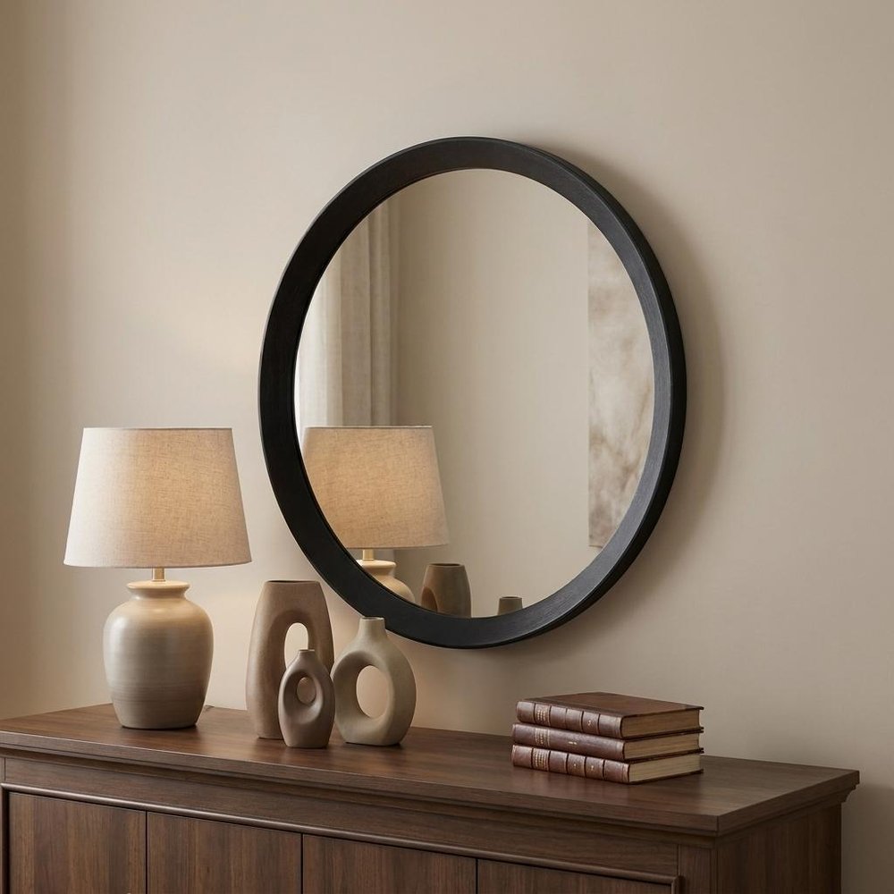 Black Round Wood Framed Accent Mirror - 20-inch