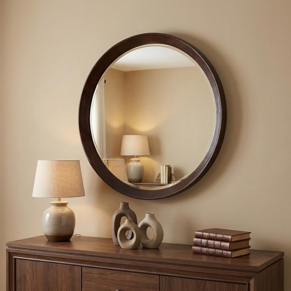 Dark Brown Round Wood Framed Accent Mirror - 20-inch