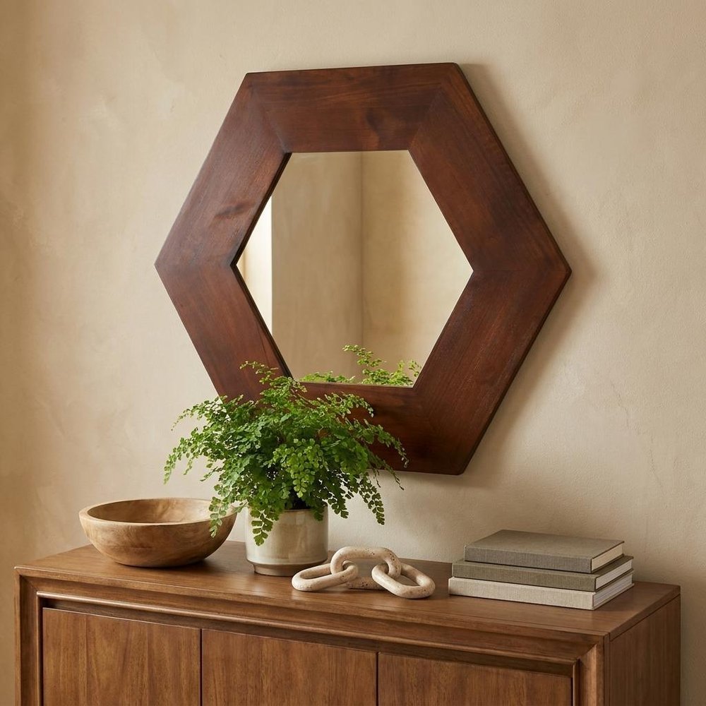 Dark Brown Hexagon Solid Wood Framed Accent Mirror - 19-inch