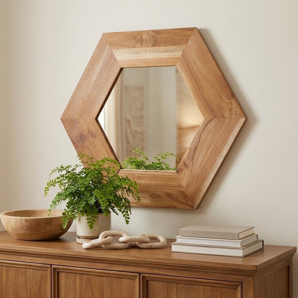 Natural Hexagon Solid Wood Framed Accent Mirror - 19-inch