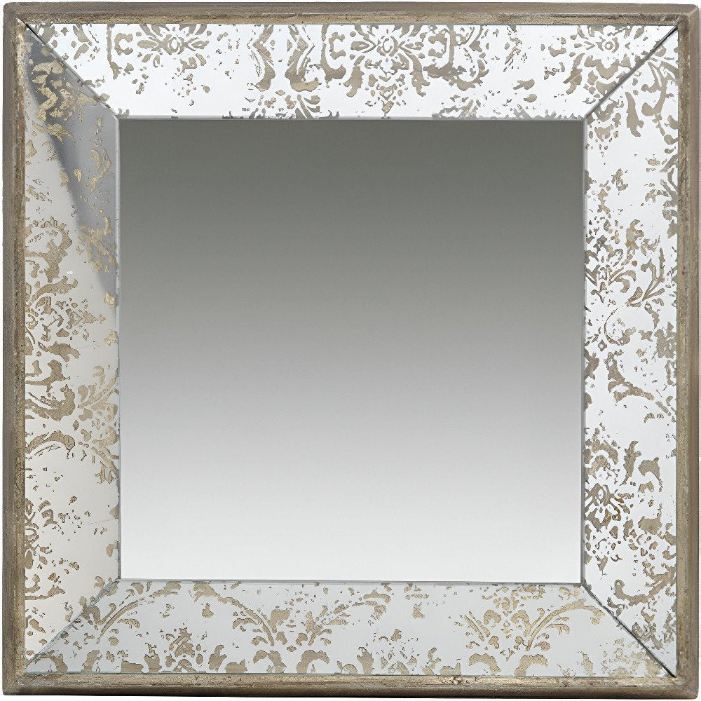 Brown Square Framed Antiqued Damask Accent Mirror - 15-inch
