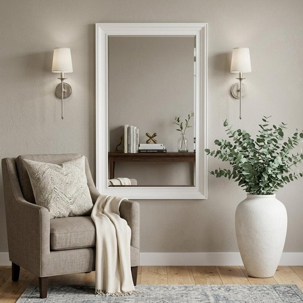 White Solid Wood Framed Full Length Hanging Mirror - 28-inch